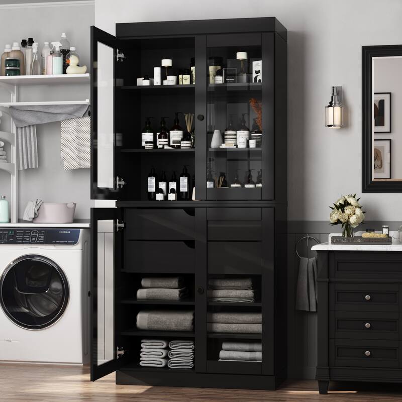 Palace Imports 100% Solid Wood 32" Bathroom Cabinet with Clear Glass Doors, 2-Drawers and Adjustable Shelves - Black