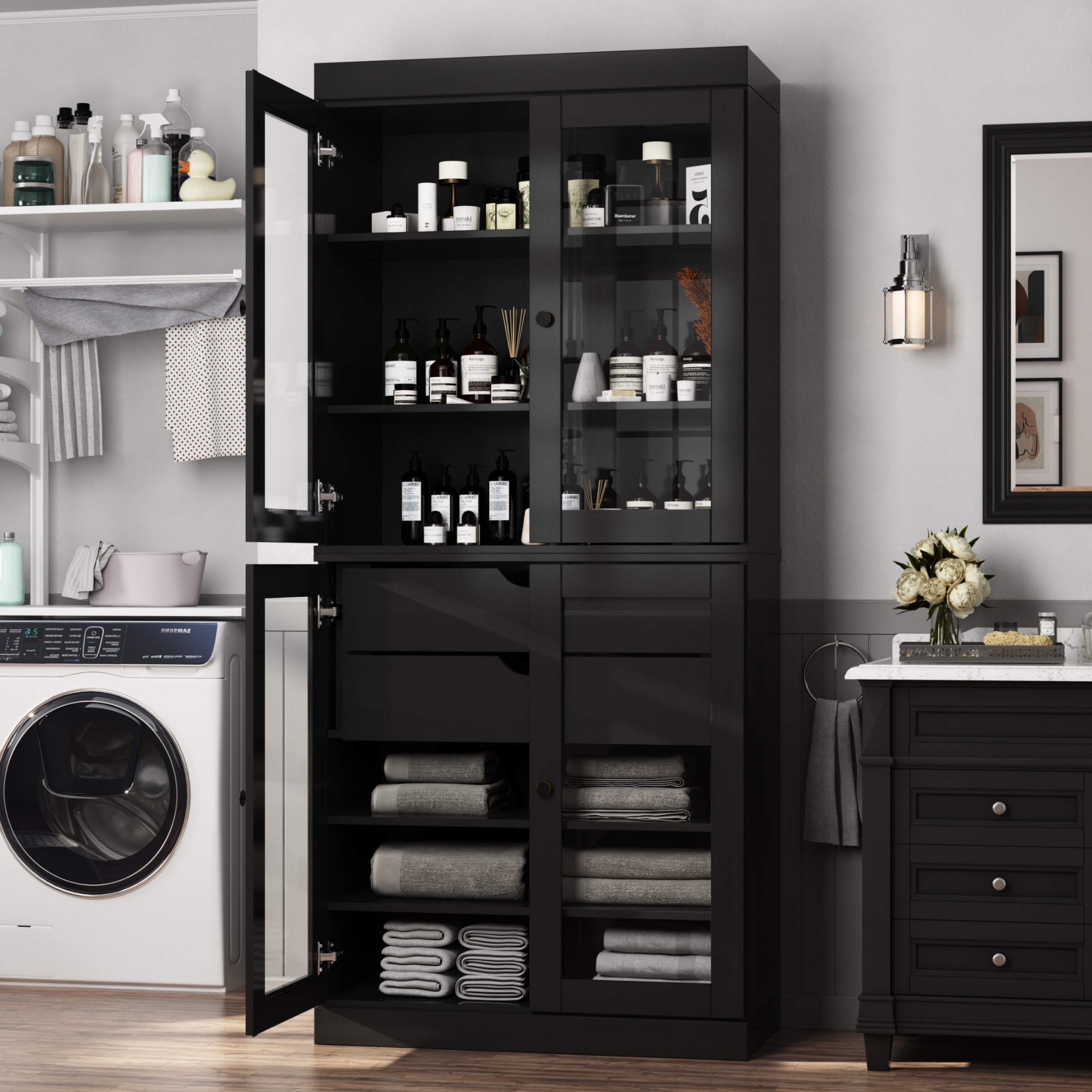 Palace Imports 100% Solid Wood Tall Clear Glass Bathroom Storage Cabinet with 2 Drawers, 32" W x 71.5" H