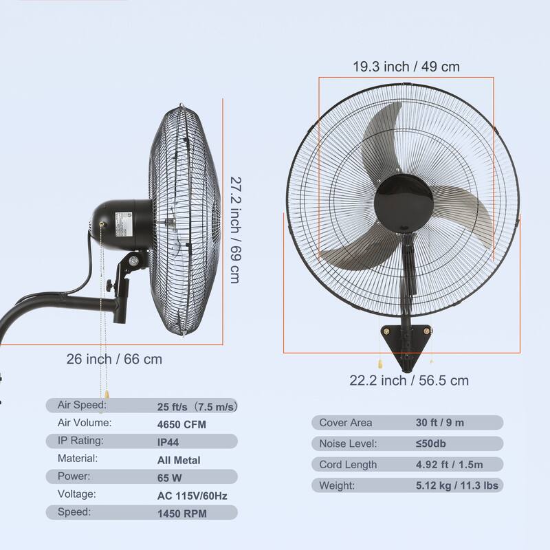Wall Mount Fan, 20 Inch, 3-speed High Velocity Max, 4650 CFM Oscillating Industrial Wall Fan, Commercial for Warehouse