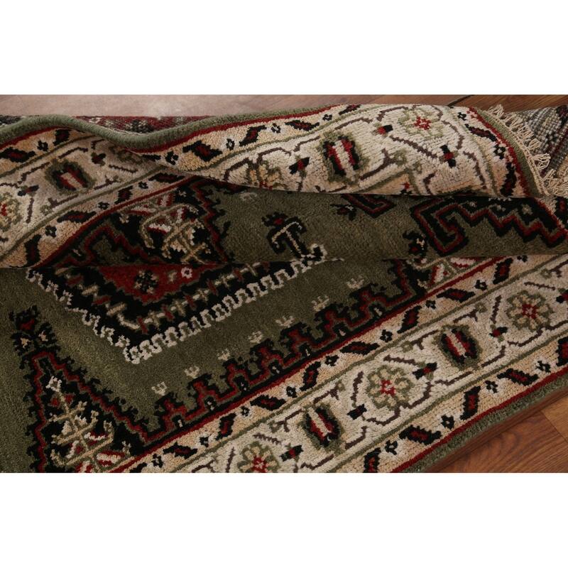 Green Geometric Viss Indian Runner Rug Handmade Wool Carpet - 4'1"x 11'10"