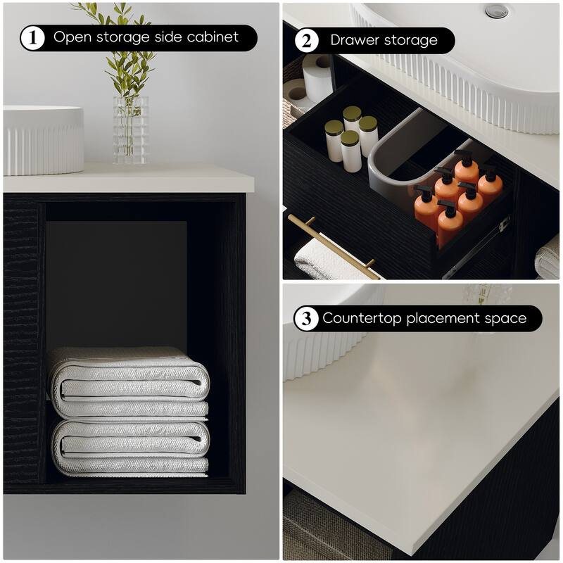39.4"Wall-Mounted Bathroom Vanity with Ceramic Sink Floating Vanity Multi-Layer Cabinet Soft-Close Drawers Open Shelf Storage