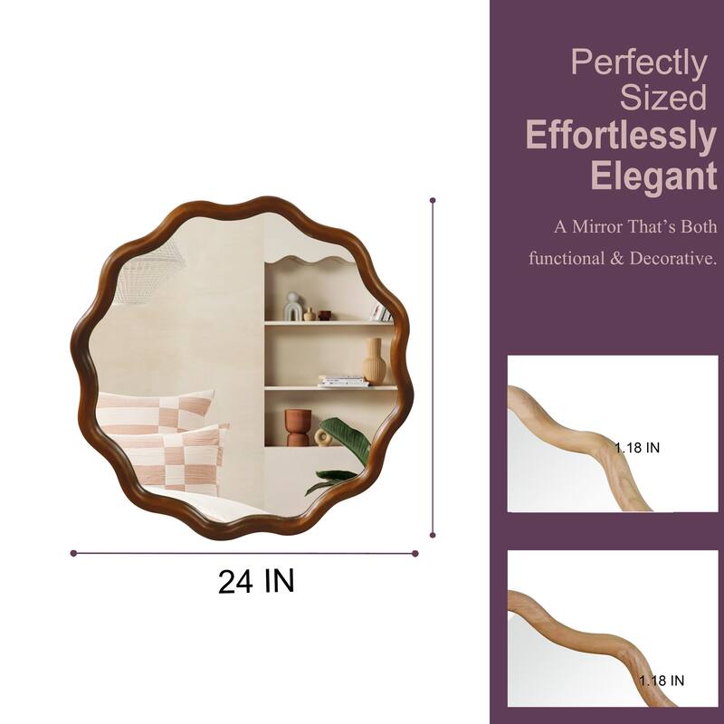 24 inch Wavy Round Solid Wood Frame Decorative Mirror,For Bedroom, Bathroom, Living Room, Entryway