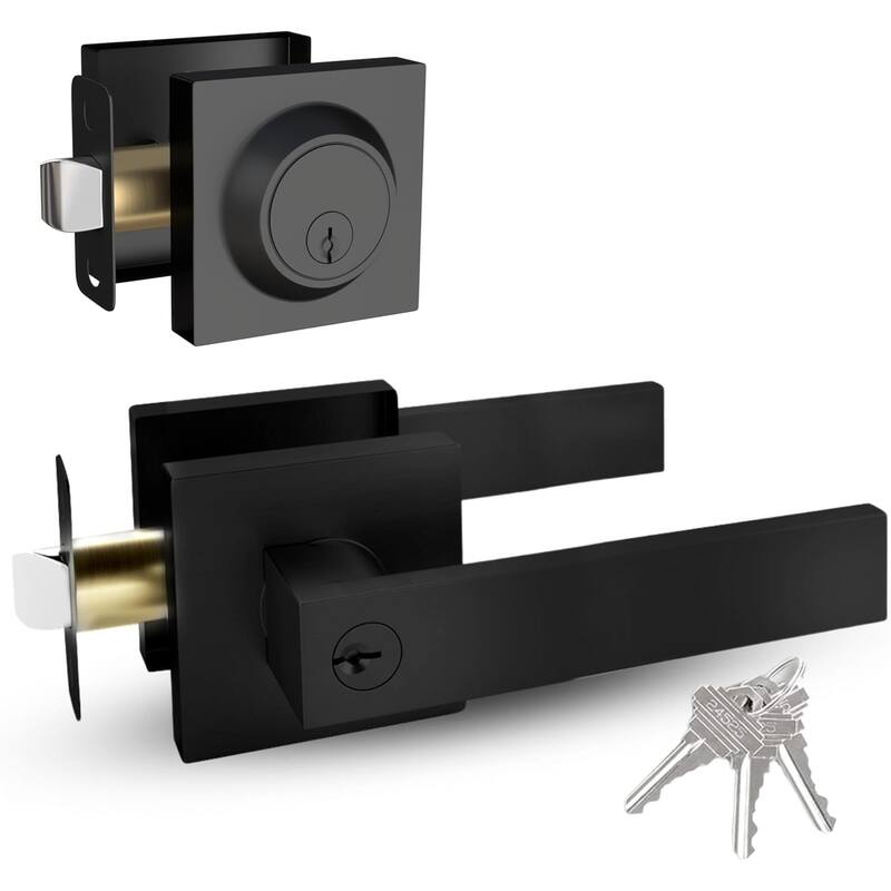 Mega Handles ROBELL Square Entry Lever and Deadbolt Combo | Front Door Lock Set | Modern Stainless Steel | Keyed Door Lever -  Reversible Handing|Matte Black