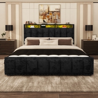 Moasis Velvet Upholstered Platform Bed with 4 Storage Drawers and RGB LED Lights&Charging Station
