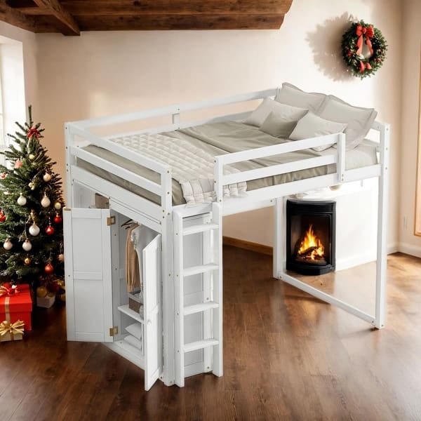 slide 2 of 30, Wardrobe Design Full Size Wood Loft Bed with Built-in Wardrobe and Storage Shelves, Led light White
