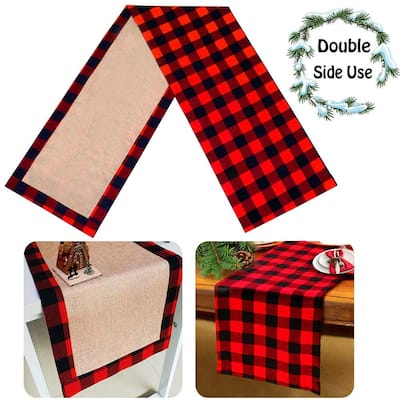 Christmas Large Table Runner Burlap & Cotton Red Black Plaid Reversible Buffalo Check Table Runner 14 x 108 Inch