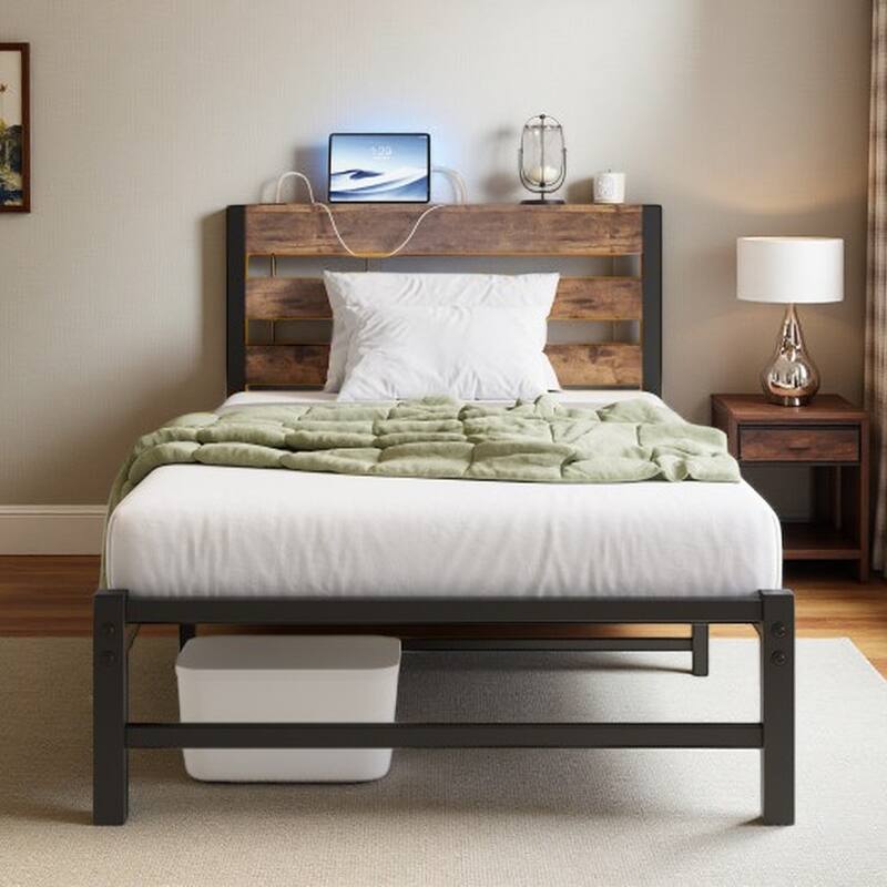 Queen Size Metal Bed Frame with Rustic Brown Wooden Headboard, RGB LED Lights, Charging Station, Storage Shelf, Noise-Free - Twin Beige+Brown - Twin