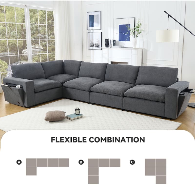 141.5" Linen Modular L-Shaped Sectional Sofa with Charging