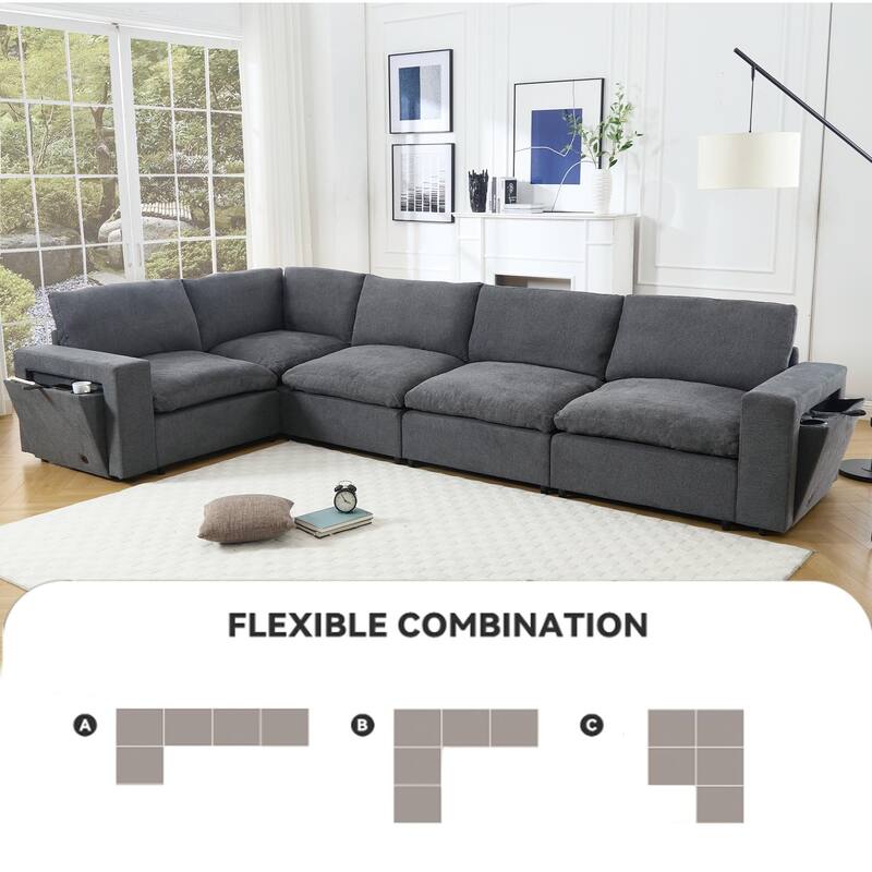 141.5" Linen Modular L-Shaped Sectional Sofa with Wireless Charging, Cup Holders & Book Storage, 5-Seat Configurable