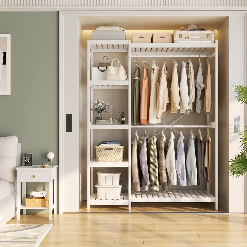 Bamboo Closet System Clothes Rack, Large Freestanding Garment Rack Clothing Rack for Hanging Clothes