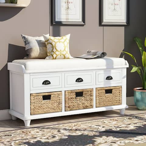 BOSCARE Rustic Storage Bench with 3 Drawers and 3 Rattan Baskets