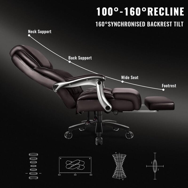 BOSSIN Lift-Headrest Big and Tall Office Chair 500lb - Heavy-Duty Leather with Retractable Footrest & Lumbar Support