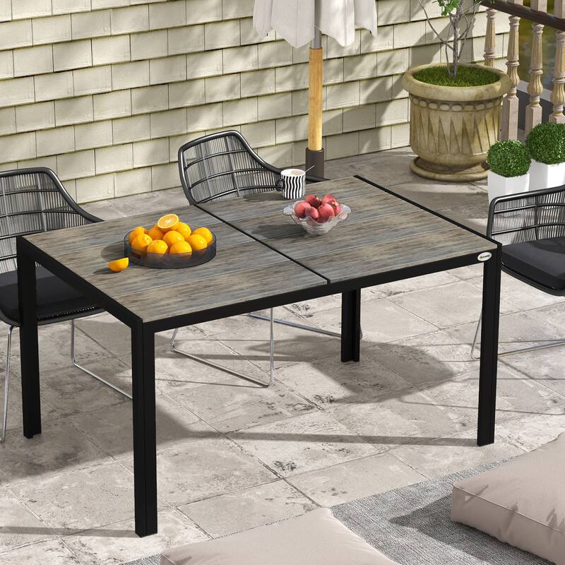 Outdoor Dining Table for 6 People, Aluminum Rectangular Patio Table with Faux Wood Tabletop for Backyard, Lawn, Balcony