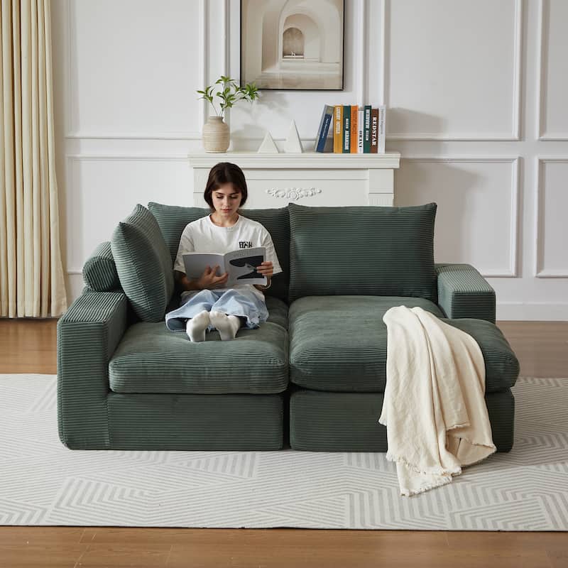 Roomfitters 99" L-Shaped Corduroy Upholstered Sectional Sofa, Modern 3-Seater Sectional Couch with Pillows, Living Room, Green
