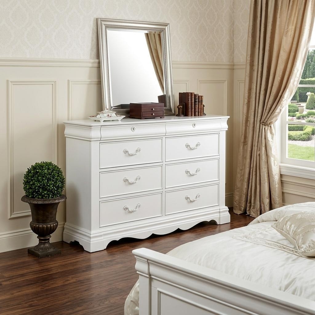 white eight drawer dresser with LED Light & Charging Station,Storage of Chest Organizer 8 for Bedroom, Living Room, Hallway Elongated brushed nickel pulls and vertical tube accents create visual interest while enhancing the dressers clean structure Loft Wooden 8 Drawer Double