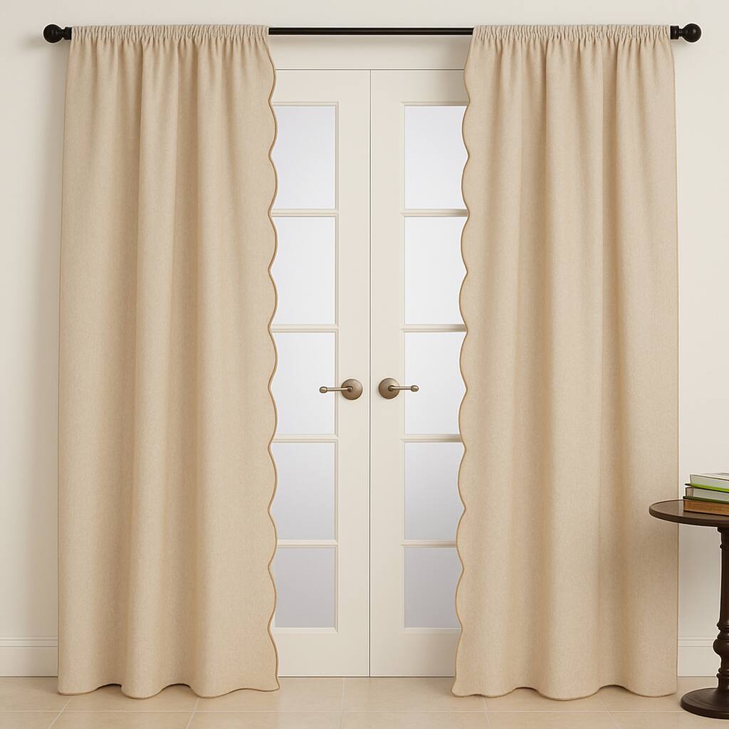 Scalloped Linen-Blend Window Curtain Panel - Soft Neutral Drapery for Living Room, Bedroom & French Door Styling