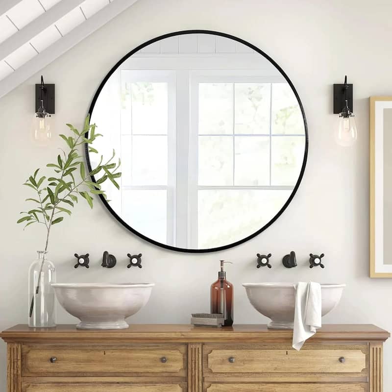 42 Inch Metal Framed Round Bathrrom Mirror for Wall - Black