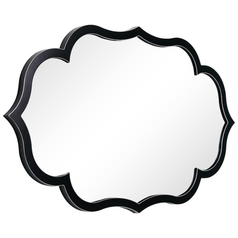 Curved Scalloped Wall Mirror on Black Matte Frame with Washed White Edges - 24" x 40" x 1"