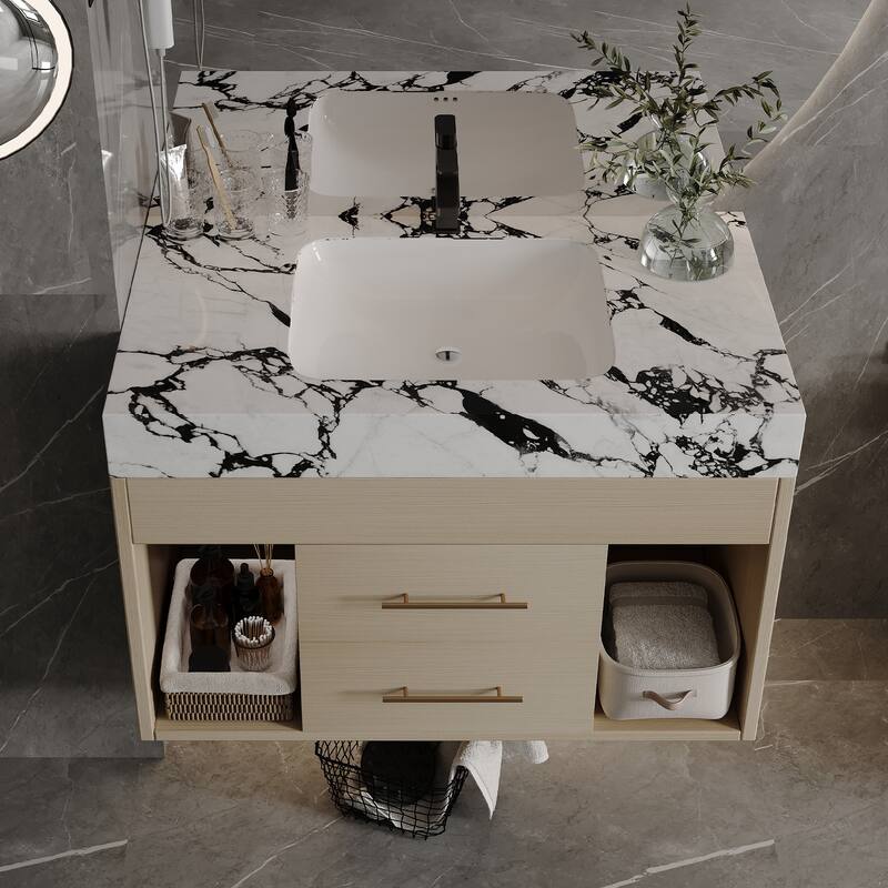 29.9" Modern Floating Bathroom Vanity with Sintered Stone Top, Ceramic Undermount Sink Wall-Mounted for Bathroom