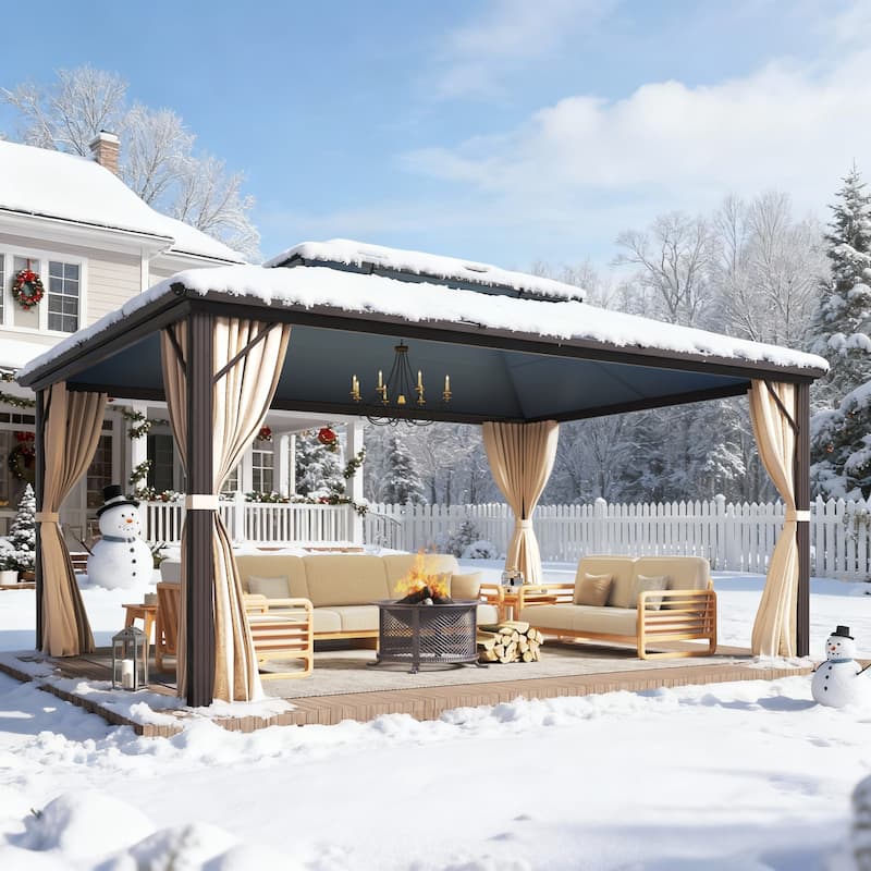 Outdoor Hardtop Gazebo for patio,Polyester Double Roof Canopy, Permanent Pavilion with Aluminum Frame,Curtains & Netting