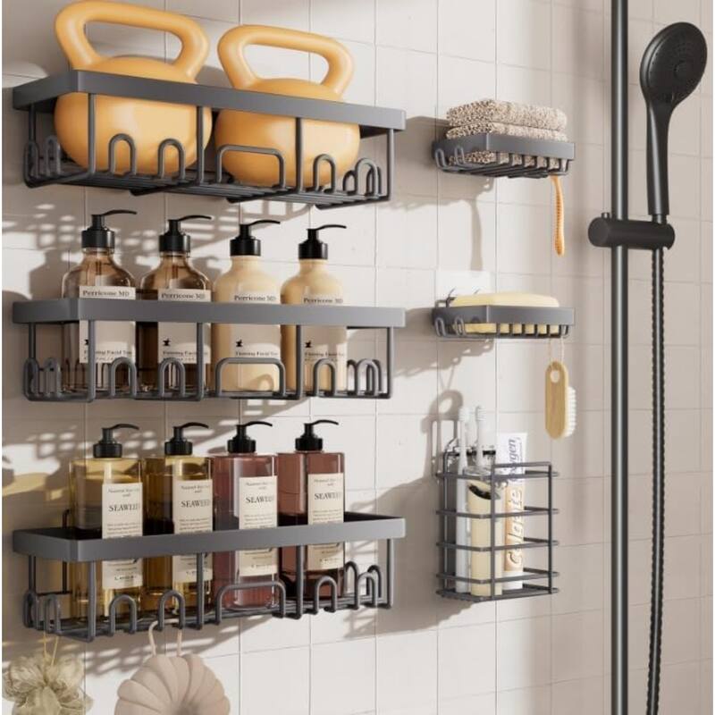 6-Pack Stainless Steel Shower Shelves, Large-Capacity Bathroom Organization and Storage. - Grey