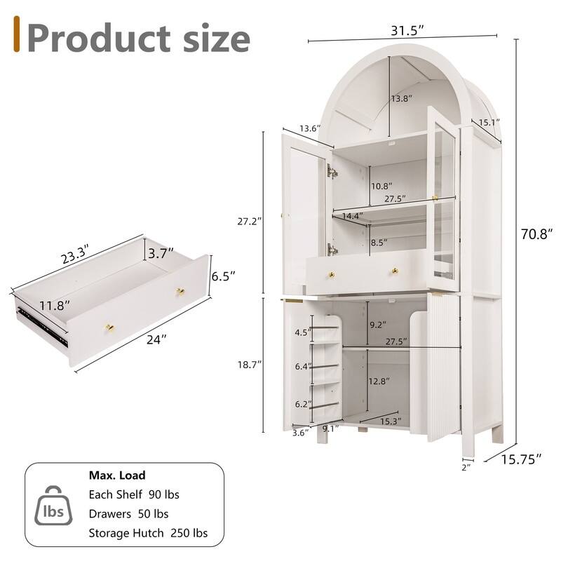 71" Tall Fluted Arched Pantry Cabinet with Glass Doors and Adjustable Shelves for Elegant Kitchen Storage