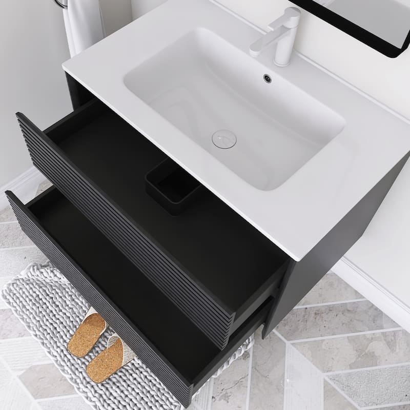Wall-Mounted Bathroom Vanity with White Ceramic Sink