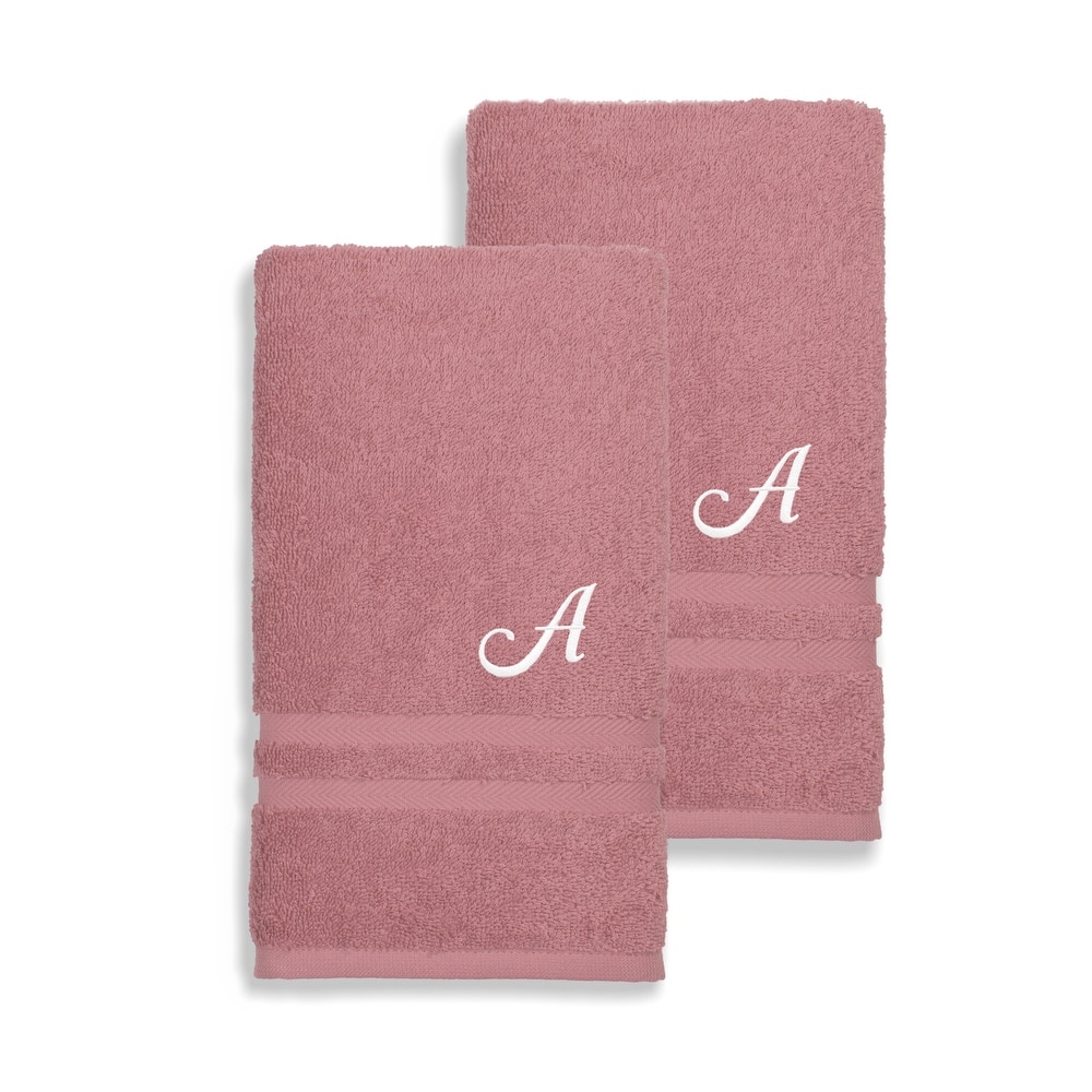 Authentic Hotel and Spa Omni Turkish Cotton Terry Set of 2 Tea Rose Hand Towels with White Script Monogrammed Initial