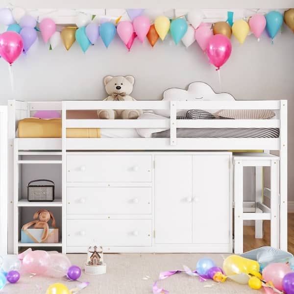 slide 2 of 20, Twin Size Low Loft Bed With Pull-Out Desk, Drawers, Cabinet, and Shelves White