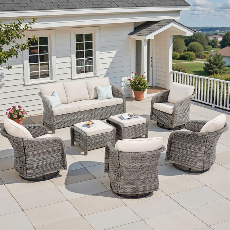 Pocassy Outdoor Patio Wicker Sofa Chair Furniture Set - Light Grey Wicker Beige Cushion - 7 Pieces Sofa Swivel Chair with Ottoman