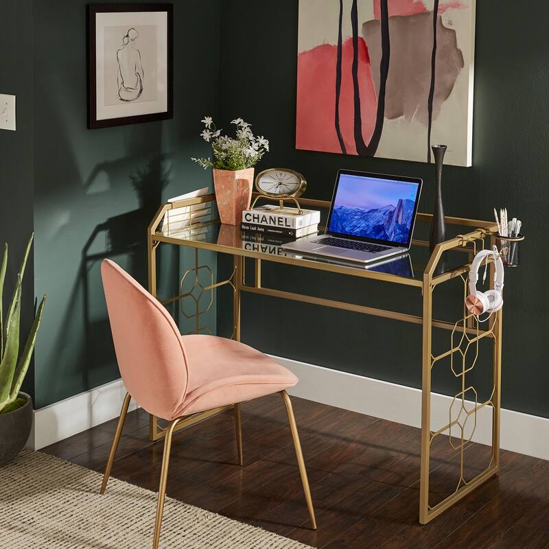 Elle Octagon Pattern Gold Metal and Glass Desk by iNSPIRE Q Bold
