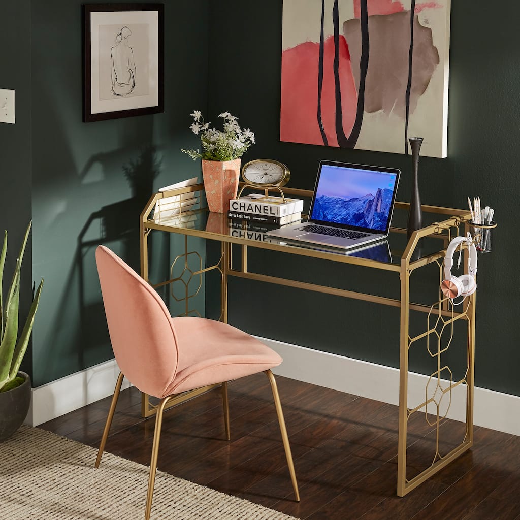 Elle Octagon Pattern Gold Metal and Glass Desk by iNSPIRE Q Bold