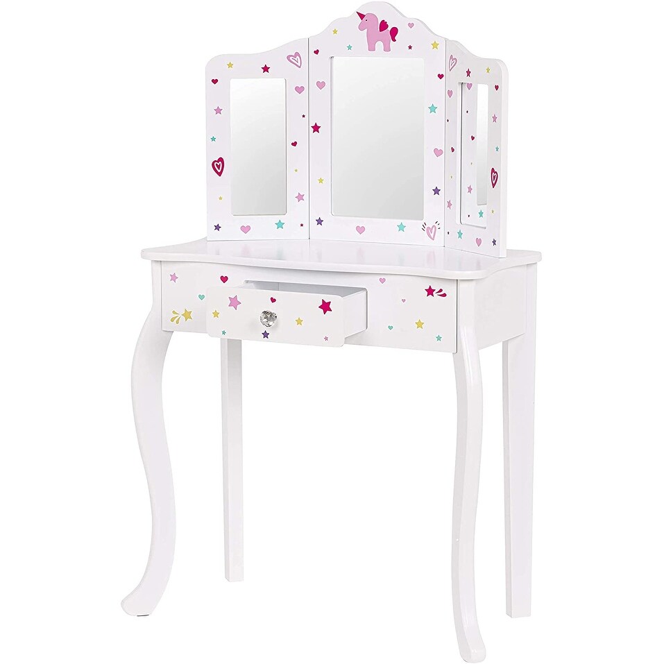 UTEX Pretend Play Kids Vanity Table and Chair Vanity Set with Mirror Makeup  Dressing Table with Drawer,Play Vanity Set