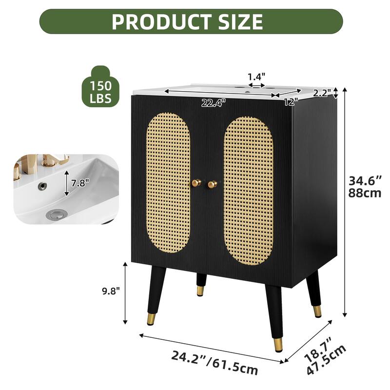 24" Rattan Boho Bathroom Vanity with Sink