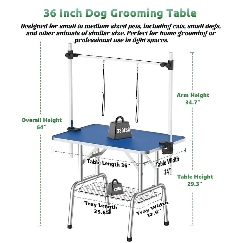 36 Inch Foldable Dog Grooming Table for Home with Adjustable Arm, Noose, Non-Slip Surface, and Storage Mesh Tray