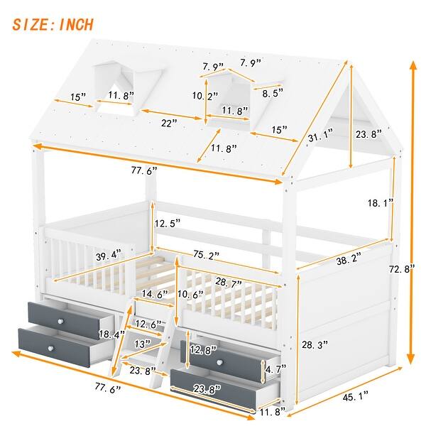 dimension image slide 1 of 2, Twin Size Wooden House Bed with Fence and Roof for Kids