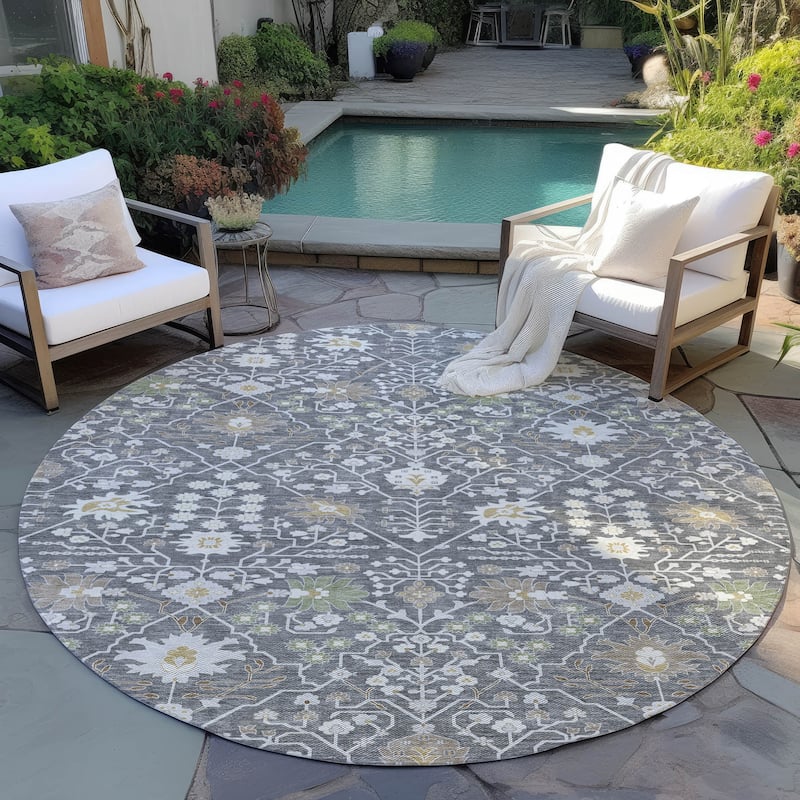 Machine Washable Indoor/ Outdoor Global Traditional Chantille Rug - Charcoal - 8' x 8'