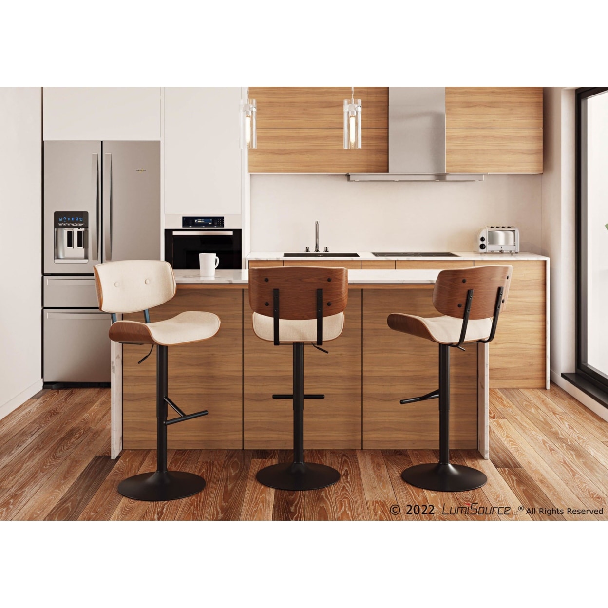 Lombardi MidCentury Modern Barstool In Black Metal And Cream Noise Fabric With Walnut Wood Accent Bed Bath Beyond 37591863