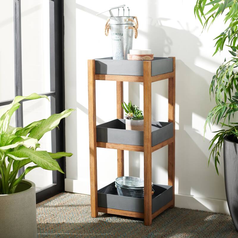SAFAVIEH Outdoor Madyson 3-Tier Storage Shelf - 15.7" W x 15.7" L x 38.1" H - 15.7" W x 15.7" L x 38.1" H - 16Wx16Dx38H - Natural/Grey