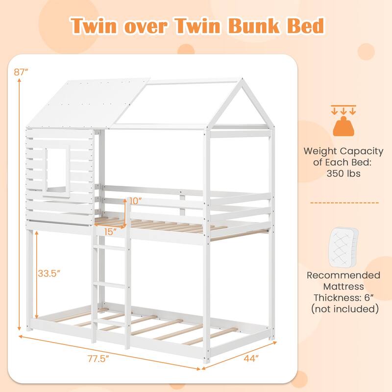 Gymax Twin over Twin House Bunk Bed Low-to-ground Bed Frame w/ Roof