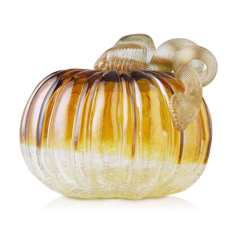 Glitzhome 6"D Green Amber Crackle Hand Blown Glass Pumpkins for Fall Harvest Halloween