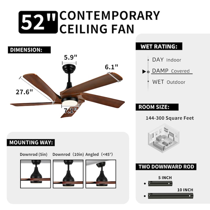 Moasis 52" Modern Remote Control Ceiling Fan with Lights and 5 Solid Wood Blades