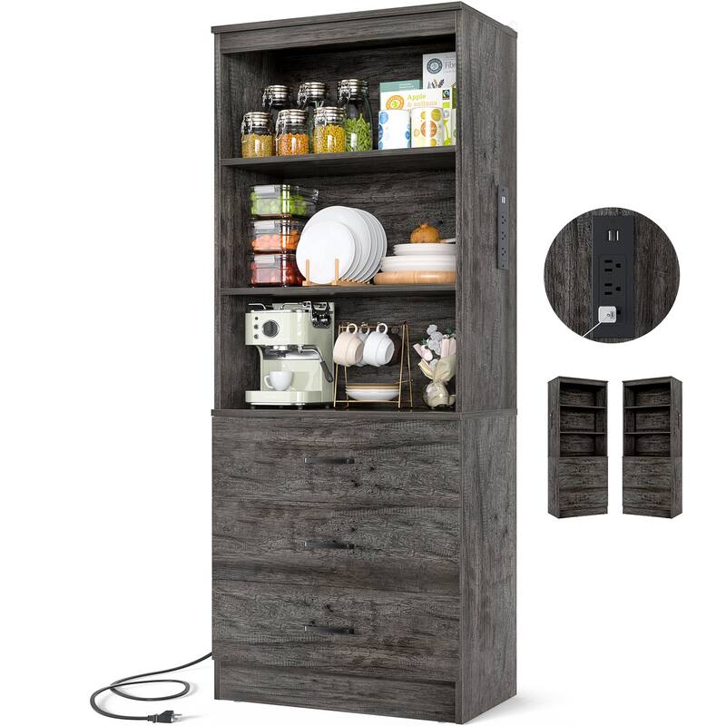 Tall Buffet Sideboard with Charging Station, Storage Pantry Organizer with Drawers and Shelves