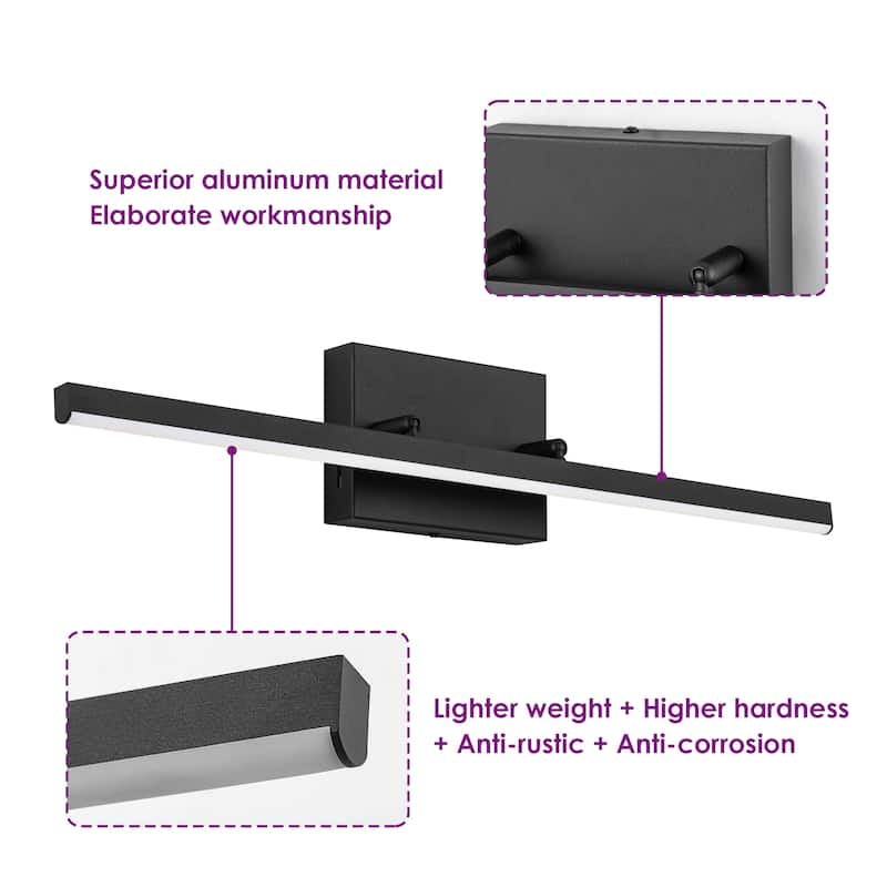 1-Light Modern Black Aluminum Linear Wall Light Strip Dimmable Integrated LED Bathroom Vanity Light