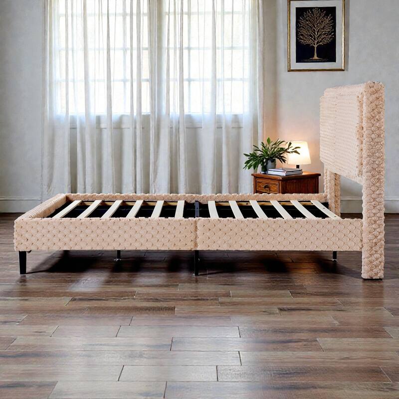 Modern Plush Upholstered Bed with Soft Padded Backrest, Solid Wood Frame & Rounded Safety Design, Queen/King