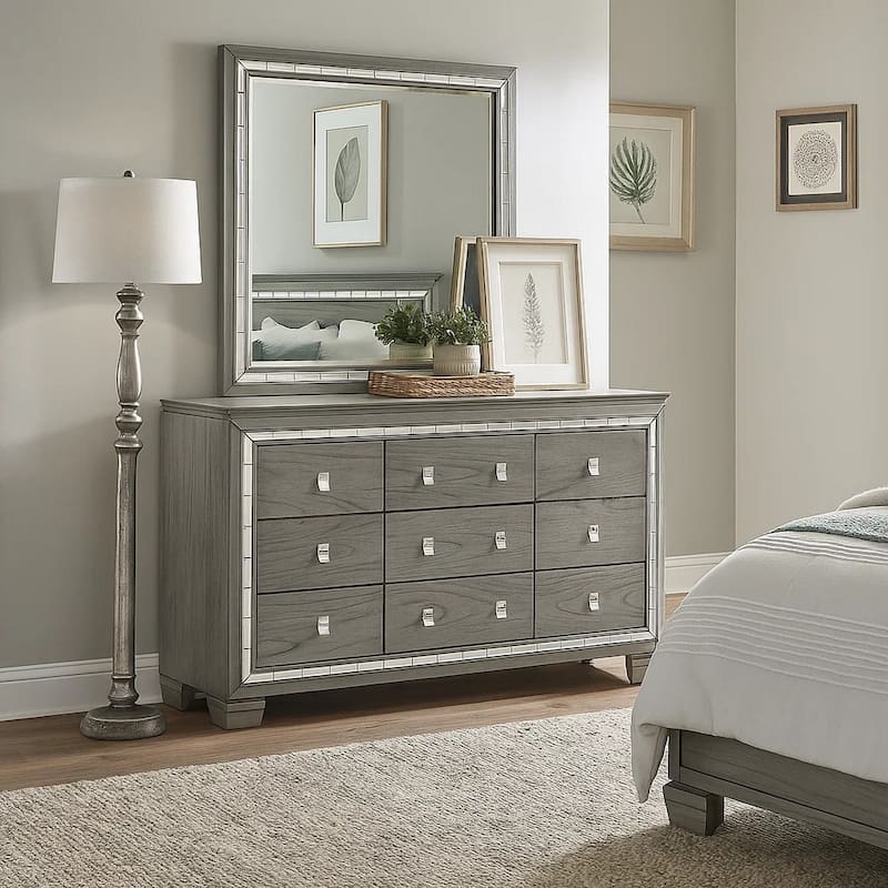 Dresser with 9 Drawers and Mirror Trim Inlay, Gray