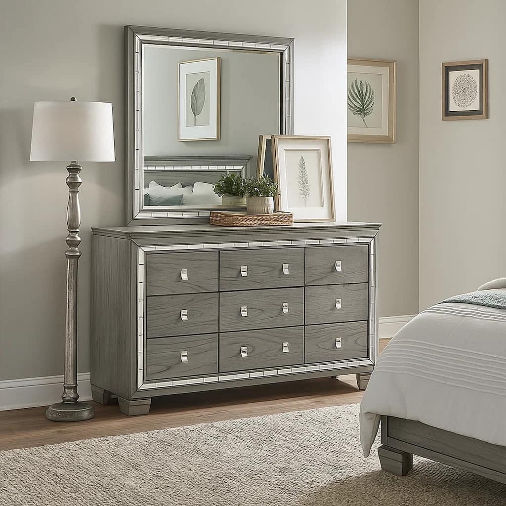 Dresser with 9 Drawers and Mirror Trim Inlay, Gray