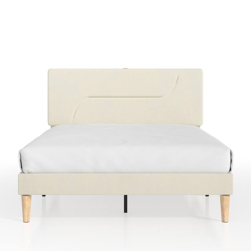 Javlergo Bed Frame with Smart LED Lights, Velvet Bed Frames with USB Charging Station, Modern Platform Bed