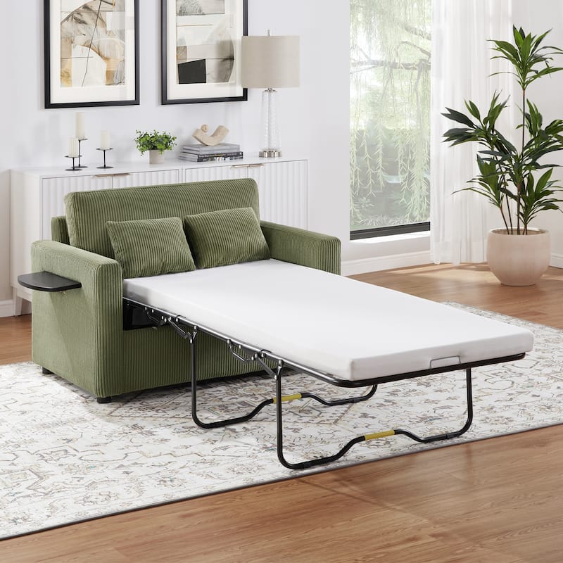 Roomfitters Twin Sofa Bed with Foldable Mattress, Side Table, Storage Pocket and USB Ports for Living Room - Green