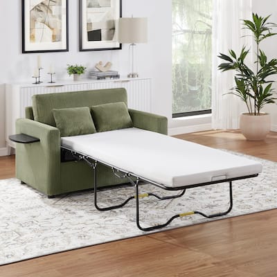 Twin Size Sofa Bed with Foldable Mattress, Table, Storage Pocket and USB Ports, Green Corduroy
